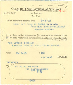 Receipt for a check from the Foreign Trade U.S.S.R./Russian Commercial Bank