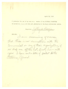 Form letter from J. Clyde Keegan to National Committee to Defend Dr. W. E. B. Du Bois and Associates in the Peace Information Center