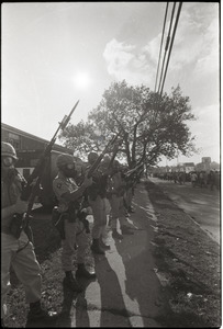 Antiwar demonstration at Fort Dix, N.J.: line of military police, weapons drawn, bayonets fixed