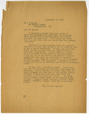 Letter from Laurence L. Doggett to Charles B. Marvin (September 14, 1917)