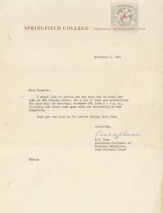 Letter from Head Coach Ted Dunn to parents, Nov. 2, 1965
