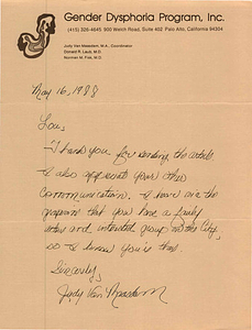 Correspondence from Judy Van Maasdam to Lou Sullivan (May 16, 1988)