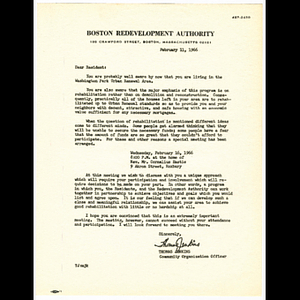 Letter from Thomas Jenkins to residents regarding Washington Park Urban Renewal Area meeting to be held February 16, 1966