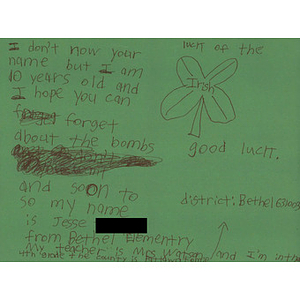 Card addressed to Jane Richard from a student at Arbor Hills Junior High School (Sylvania, Ohio)