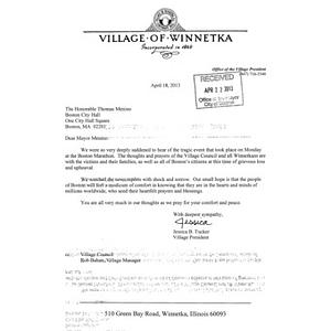 A letter from the president of the Village of Winnetka, IL to Mayor Menino