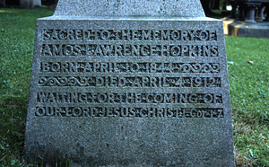 East face of gravestone of Amos Lawrence Hopkins and Maria-Theresa Burnham Dodge Hopkins. Williams College Cemetery.