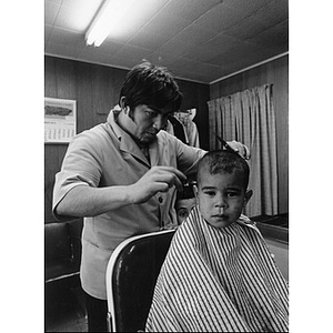 A young boy receives a haircut from a barber
