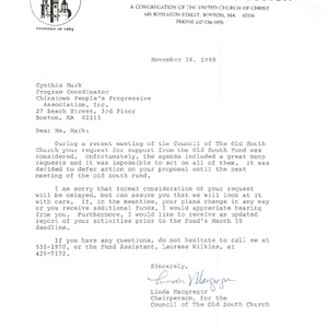 Funding decision letter from the Old South Fund advising the Chinese Progressive Association of its inability to provide funding for the adult education program
