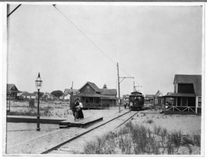 View of Plum Island trolley line with cottages and boardwalk, Plum Island, Mass., undated