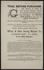 Advertisement for The Willcox & Gibbs Silent Sewing Machine, Willcox & Gibbs Sewing Machine Co., 142 Tremont Street, corner Temple Place, Boston, Mass., January 1872