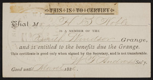 Membership card for the South Windsor Grange, location unknown, March, 1886