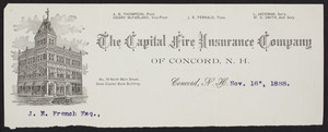 Letterhead for The Capital Fire Insurance Company of Concord, N.H., No. 39 North Main Street, Concord, New Hampshire, dated November 16, 1888