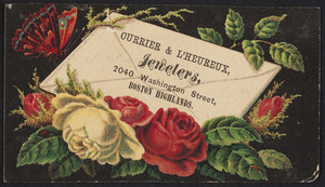 Trade card for Currier & L'Heureux, jewelers, 2040 Washington Street, Boston Highlands, Mass., undated