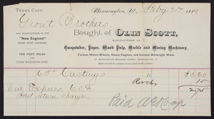 Billhead for Olin Scott, manufacturer of gunpowder, paper, wood pulp, marble and mining machinery, Bennington Machine Works, Bennington, Vermont, dated February 27, 1889