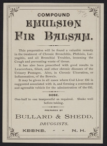 Label for Compound Emulsion Fir Balsam, prepared by Bullard & Shedd, druggists, Keene, New Hampshire, undated