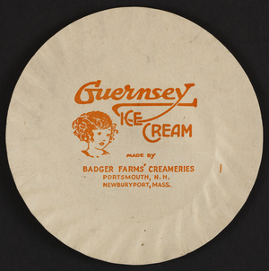 Paper plate for Guernsey Ice Cream, Badger Farms' Creameries, Portsmouth, New Hampshire and Newburyport, Mass., undated