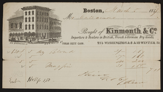 Billhead for Kinmonth & Co., dry goods, 275 Washington & 8 & 10 Winter Streets, Boston, Mass., dated March 5, 1857