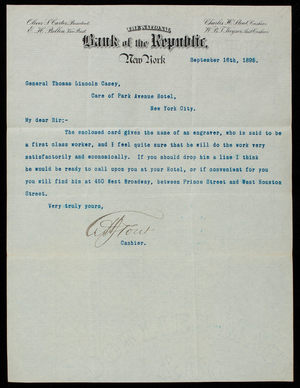 Charles H. Stout to Thomas Lincoln Casey, September 16, 1895