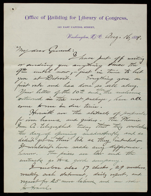 Bernard R. Green to Thomas Lincoln Casey, August 16, 1889