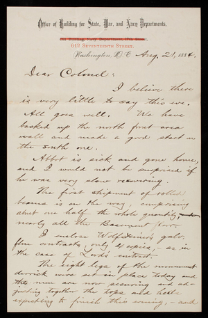 Bernard R. Green to Thomas Lincoln Casey, August 21, 1884