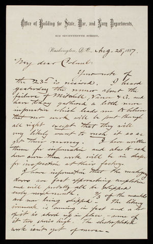 Bernard R. Green to Thomas Lincoln Casey, August 25, 1887