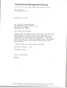 Letter from Mark H. McCormack to Mr. and Mrs. Hank Ketcham