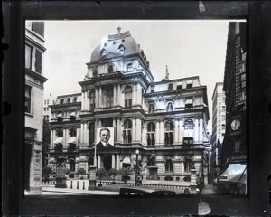 Old City Hall, Boston, mocked up with large image of James Michael Curley