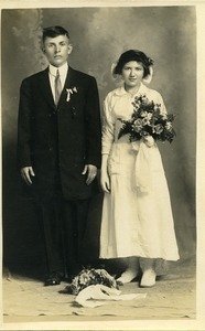 Polish American wedding, bride (Mary Berg Deptula) and groom: full-length studio portrait