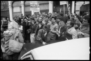 Lee Hart surrounded by press at a rally for her husband, Gary Hart, who was renewing his bid for the Democratic nomination for the presidency