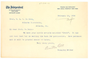 Letter from the Independent to W. E. B. Du Bois