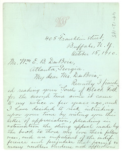 Letter from Katherine Tiffany Sprague to W. E. B. Du Bois