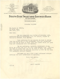 Letter from South Side Trust and Savings Bank to W. E. B. Du Bois