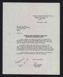 Letter from Universal Negro Improvement Association, Ghana Division to W. E. B. Du Bois