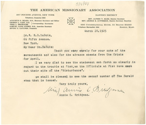 Letter from Annie C. Bridgeman to W. E. B. Du Bois