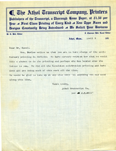Letter from Athol Transcript Co. to Donald W. Howe
