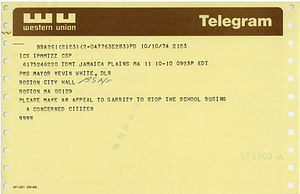 Telegram from Jamaica Plains resident to Mayor Kevin H. White