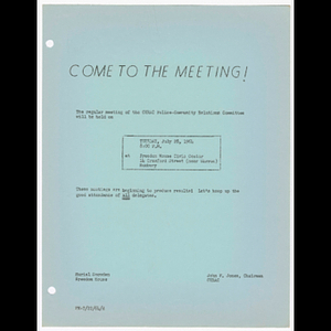 Memorandum from Muriel Snowden and John F. Jones, Chairman CURAC about CURAC Police-Community Relations Committee meeting on July 28, 1964