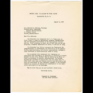 Letter from Franklin H. Whittaker to Mildred H. Mahoney about the U.S. Commission on Civil Rights' ceremony commemorating the one hundredth anniversary of the Emancipation Proclamation