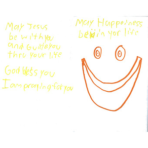 Card of sympathy with smiling face drawing from a third grade student at Powell Elementary School