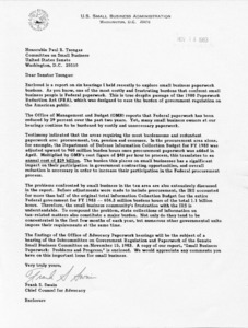 Letter to Paul Tsongas from Frank Swain accompanying a report on hearings to explore small business paperwork burdens