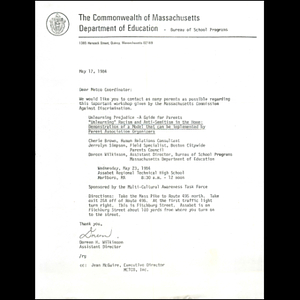 Letter, METCO coordinators, May 17, 1984.