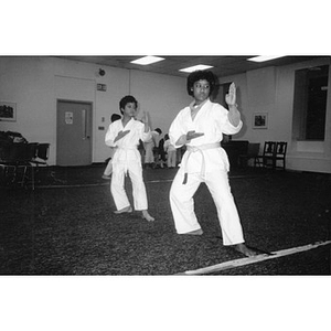 Two Hispanic teenagers giving a karate demonstration