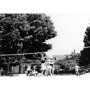 Volleyball game on a tree-shaded court.