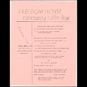 Flier advertising Freedom House Coffee Hour featuring Frederick Silver and William Gallagher of St. Paul's Center for the Newly Blind