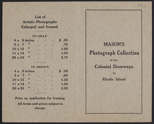 Mason's photograph collection of the colonial doorways in Rhode Island, Harold Mason, 253 Waterman Street, Providence, Rhode Island, undated