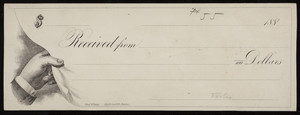 Check sample, male hand lifting the lower left corner of the check, Fred. W. Barry, stationer and bookseller, 58 & 60 Cornhill, Boston, Mass., 1880s