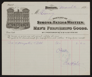 Billhead for Simons, Hatch & Whitten, men's furnishing goods, No.1 Winthrop Square & 18 to 32 Otis Street, Boston, Mass., dated March 16, 1882