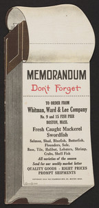 Trade card for Whitman, Ward & Lee Company, fish, No. 9 and 15 Fish Pier, Boston, Mass., 1919