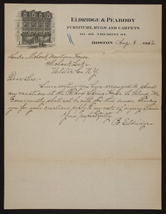 Letterhead for Eldridge & Peabody, furniture, rugs and carpets, 114-116 Tremont Street, Boston, Mass., dated August 8, 1902