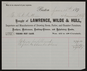 Billhead for Lawrence, Wilde & Hull, drawing room, parlor, and chamber furniture, Nos. 42 to 48 Cornhill, Boston, Mass., dated January 11, 1873